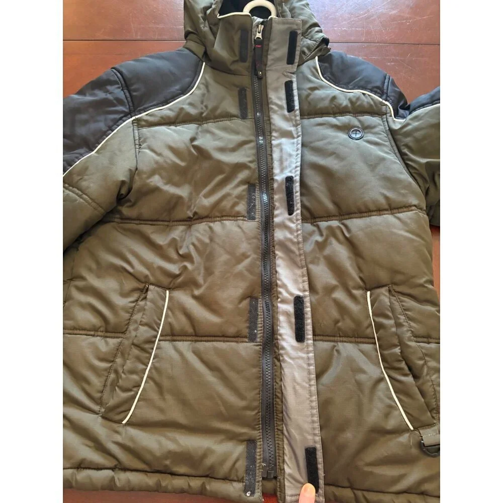 Protection System Boys Winter Jacket Size 14/16 Olive Green Black Hooded Puffer